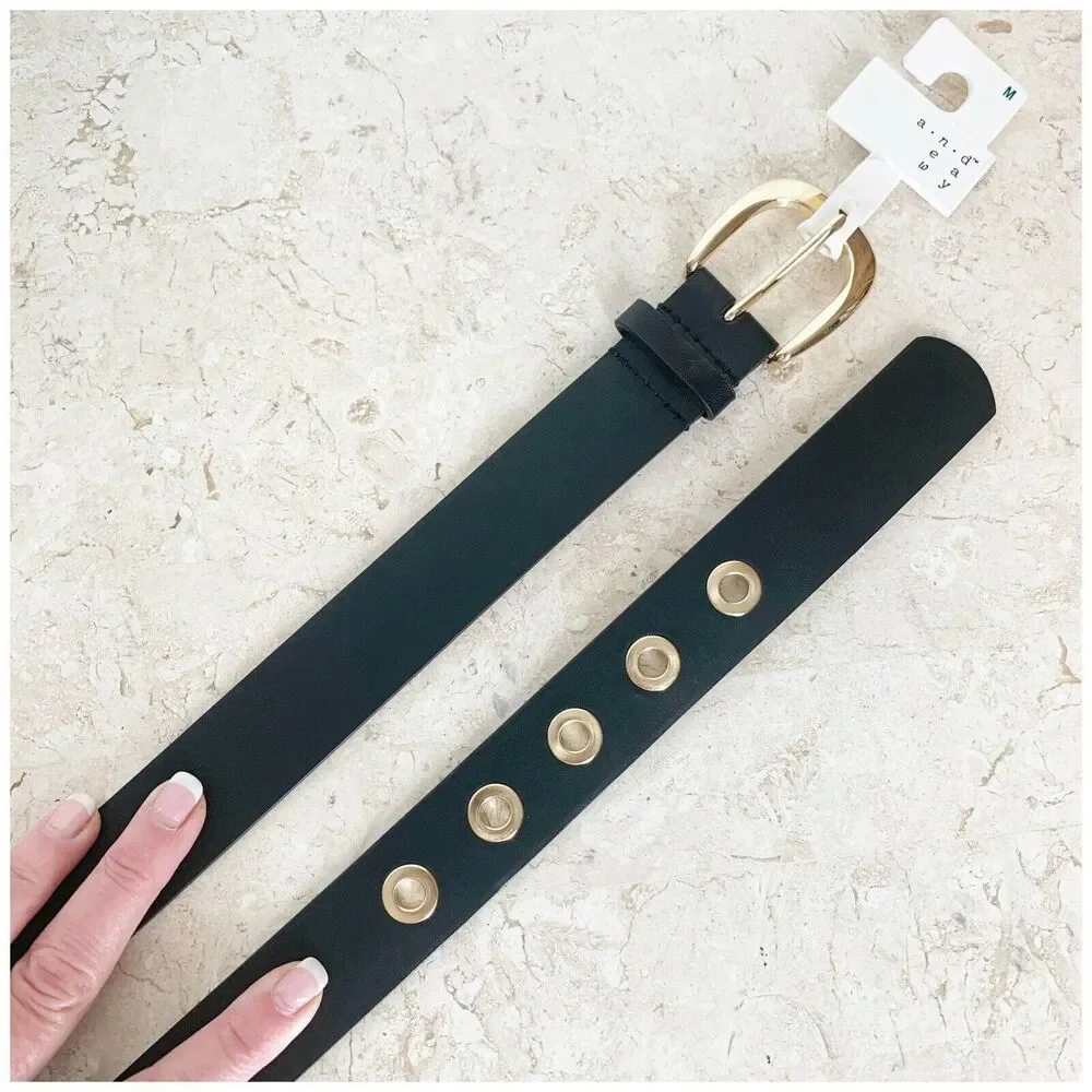 A New Day M Black Belt NEW Faux Vegan Leather Gold Buckle + Grommets Punk Edgy